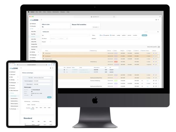 Ein MacBook und ein Tablet präsentieren eine neue Webapplikation auf ihren Bildschirmen.